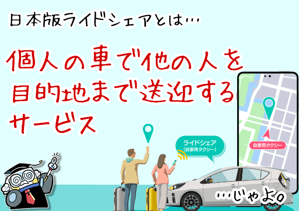 日本版ライドシェアとは…個人の車で他の人を目的地まで送迎するサービス…じゃよ。