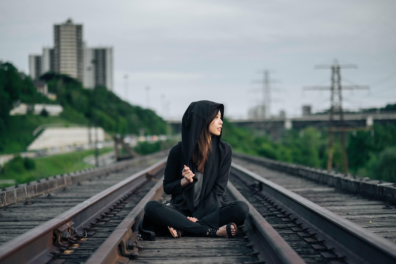 railroad tracks, sitting, woman, girl, asian, hipster, tracks, urban, risk, danger, sitting, girl, asian, risk, risk, risk, risk, risk, danger, danger, danger