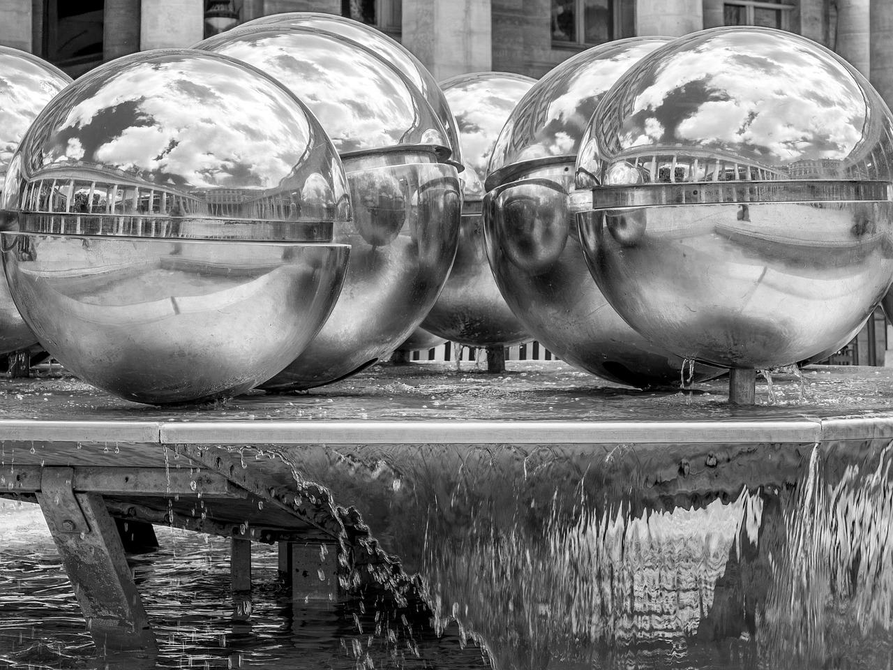 balls, metal ball, metal, fountain, reflection, architecture, decoration, water feature, black-and-white, metal, metal, metal, metal, metal, architecture, architecture, black-and-white