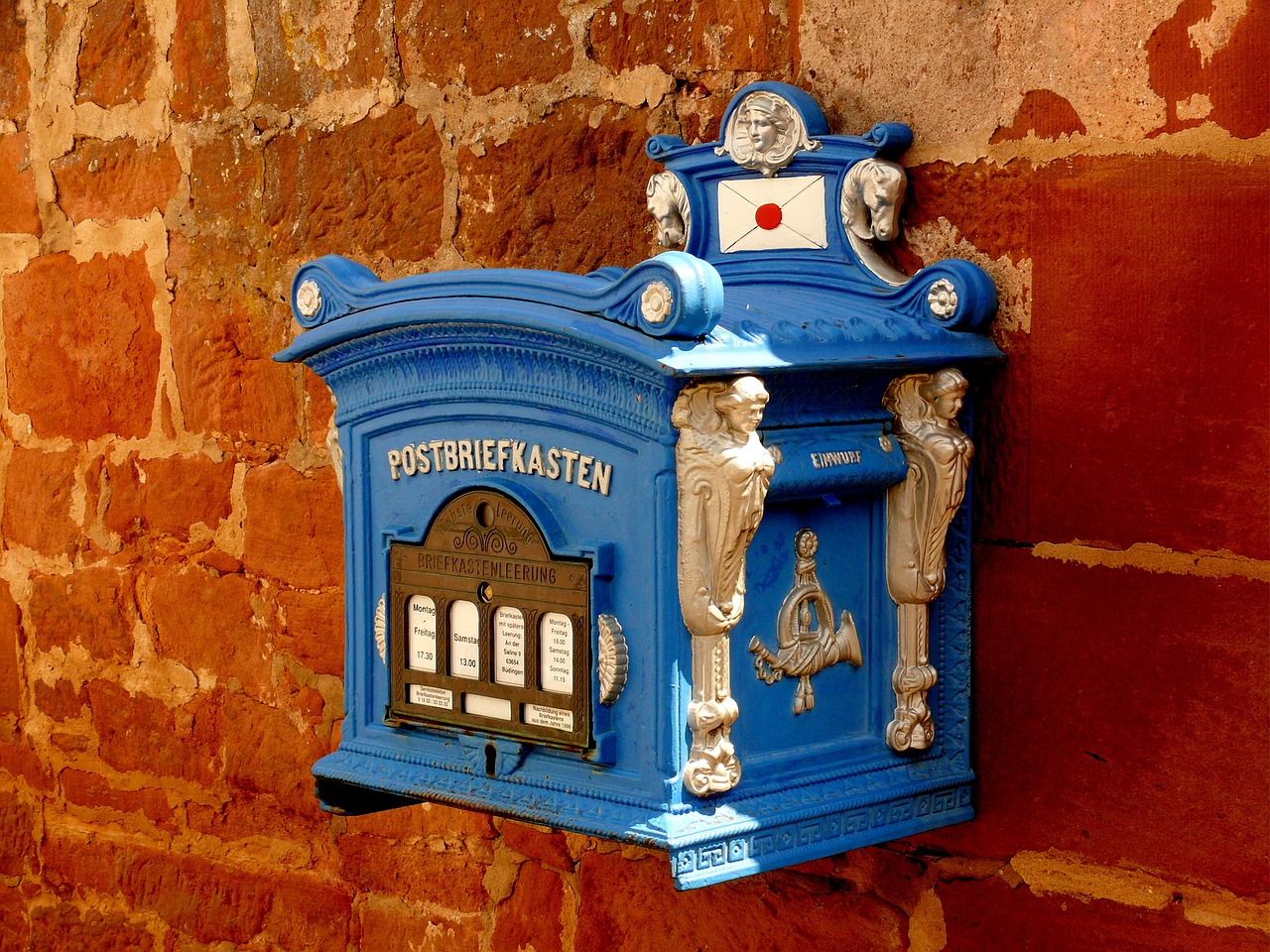 mailbox, letter box, blacksmithing, blue, metal, old, mail, brick wall, red brick wall, mailbox, mailbox, mailbox, mail, mail, mail, mail, mail